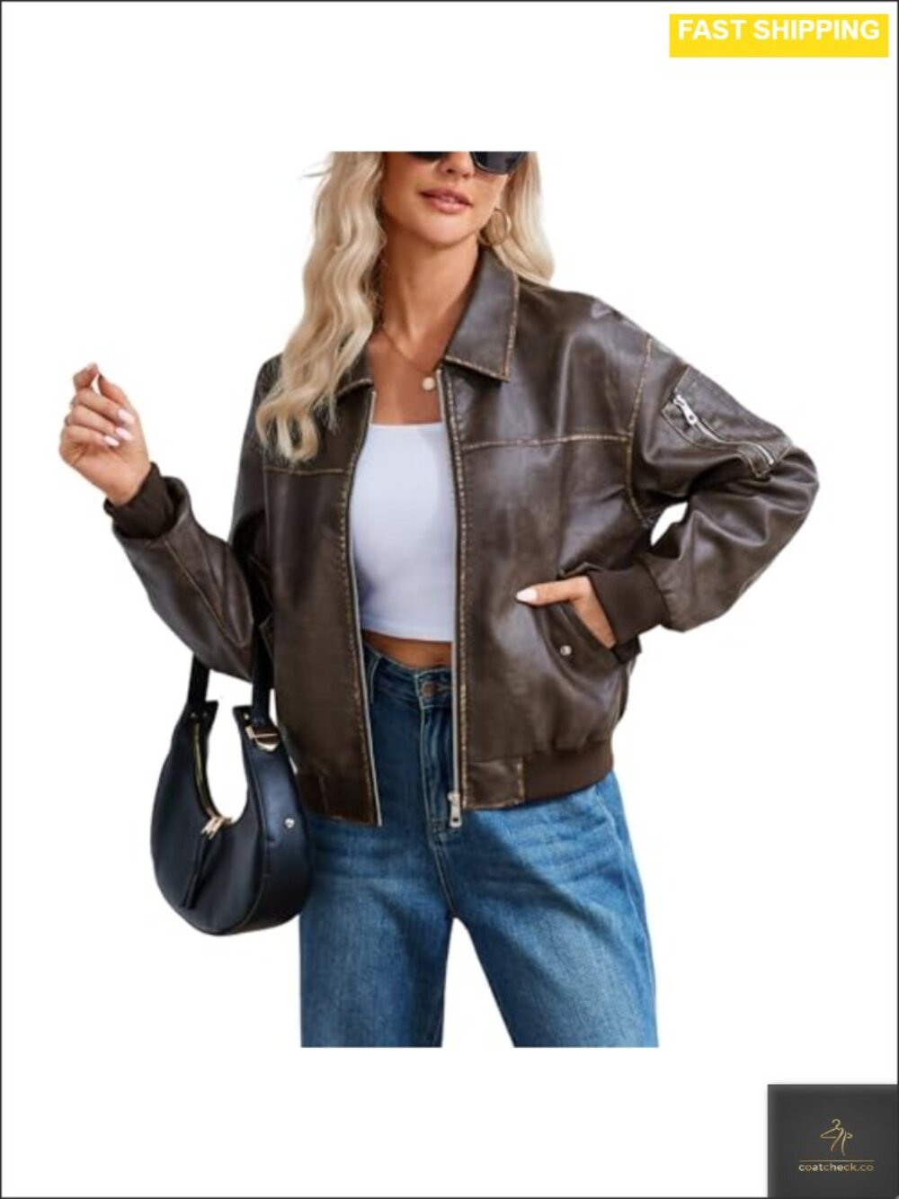 Faux Leather Oversized Bomber Jacket Zip Front Relaxed Women's Coat